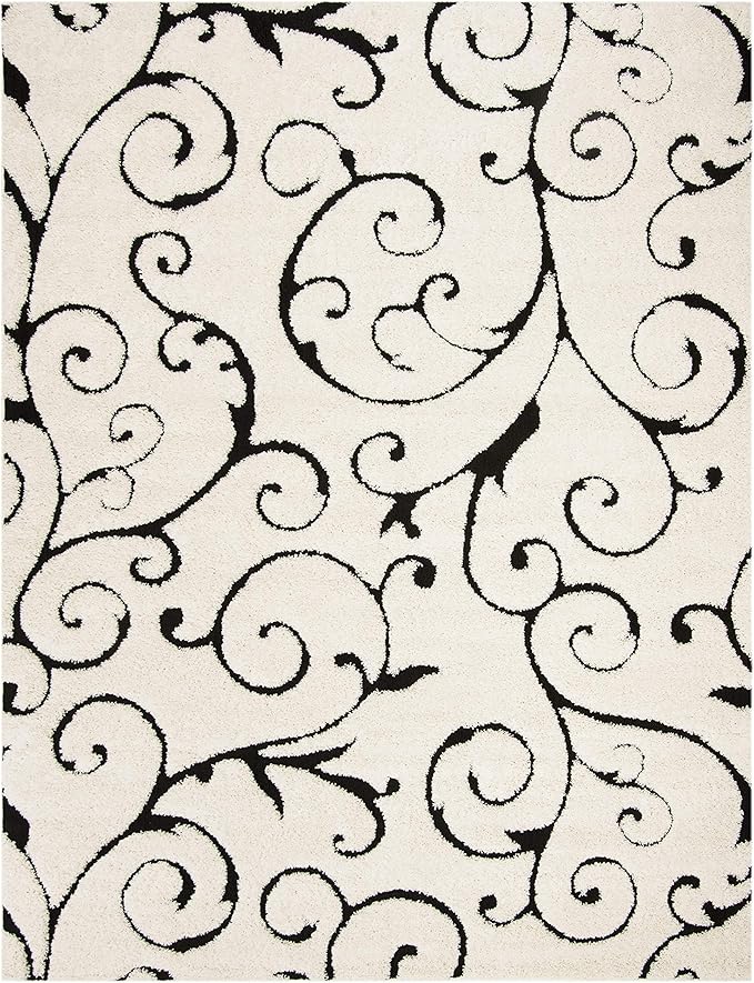 SAFAVIEH Florida Shag Collection Area Rug - 8'6" x 12', Ivory & Black, Scroll Design, Non-Shedding & Easy Care, 1.2-inch Thick Ideal for High Traffic Areas in Living Room, Bedroom (SG455-1290)