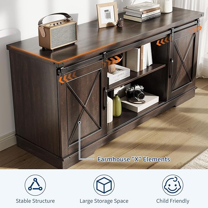 GarveeHome Farmhouse TV Stand for TV up to 65 Inches and Entertainment Center with Sliding Barn Doors and Adjustable Shelf, Tv Media Console Table with Storage Cabinet for Living Room, Bedroom, Brown
