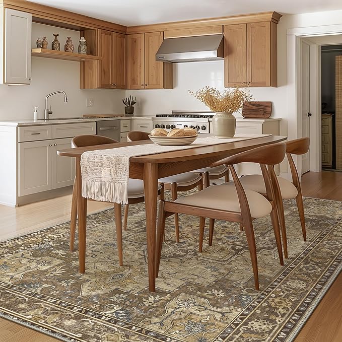 GENIMO 5x7 Area Rugs for Living Room, Machine Washable Non Slip Vintage Rugs, Low Pile Lightweight Chenille Print Rug for Bedroom, Dining Room, Home Office,Rustic Brown