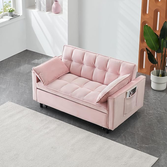 Ball & Cast Convertible Sofa Bed,Loveseat Sleeper Sofa W/Pull-Out Bed&2 Pillows,Convertible Pull Out Couch W/Adjustable Backrest&Side Pocket,Velvet Futon Couches for Living Room,Apartment,Pink,55"