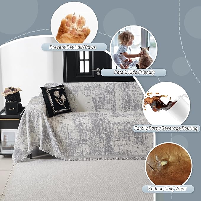 MYSKY HOME Boho Couch Cover for Dogs Washable Grey Abstract Couch Sofa Protector for Loveseat Sofa with Pets Friendly Chenille Geometric Sofa Covers Soft Durable Farmhouse Sofa Slipcovers, 91" X118"
