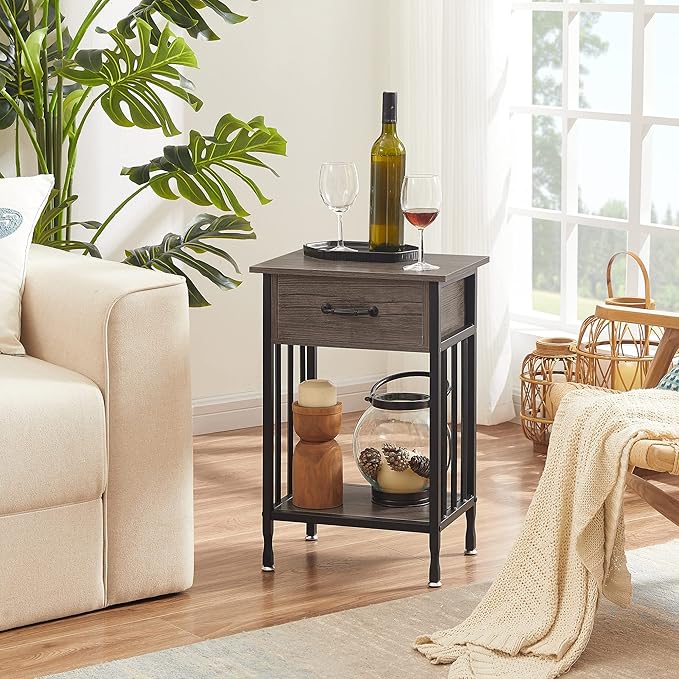 VECELO Nightstands Set of 2, Industrial Side Table/End Tables with Drawer and Storage Shelf, Night Stands for Bedroom, Living Room, Wood Metal Furniture, Easy Assembly