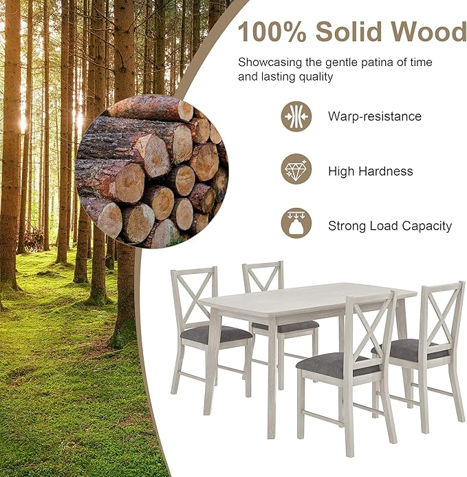 Solid Wood Dining Chairs Set of 4, Farmhouse Chairs with High Cross Back and Upholstered Seat, Easy Assembly for Dining Room, Kitchen, Washed Gray