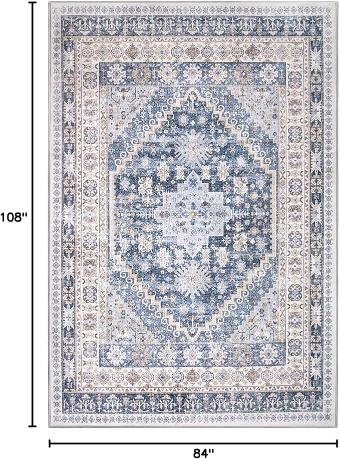 zesthome 7x9 Area Rug, Super Soft Washable Rugs for Living Room, Non-Slip Stain Resistant Vintage Rugs, Ultra-Thin Large Area Rugs (Blue/Beige,7'x9')