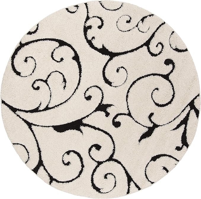 SAFAVIEH Florida Shag Collection Area Rug - 6'7" Round, Ivory & Black, Scroll Design, Non-Shedding & Easy Care, 1.2-inch Thick Ideal for High Traffic Areas in Living Room, Bedroom (SG455-1290)