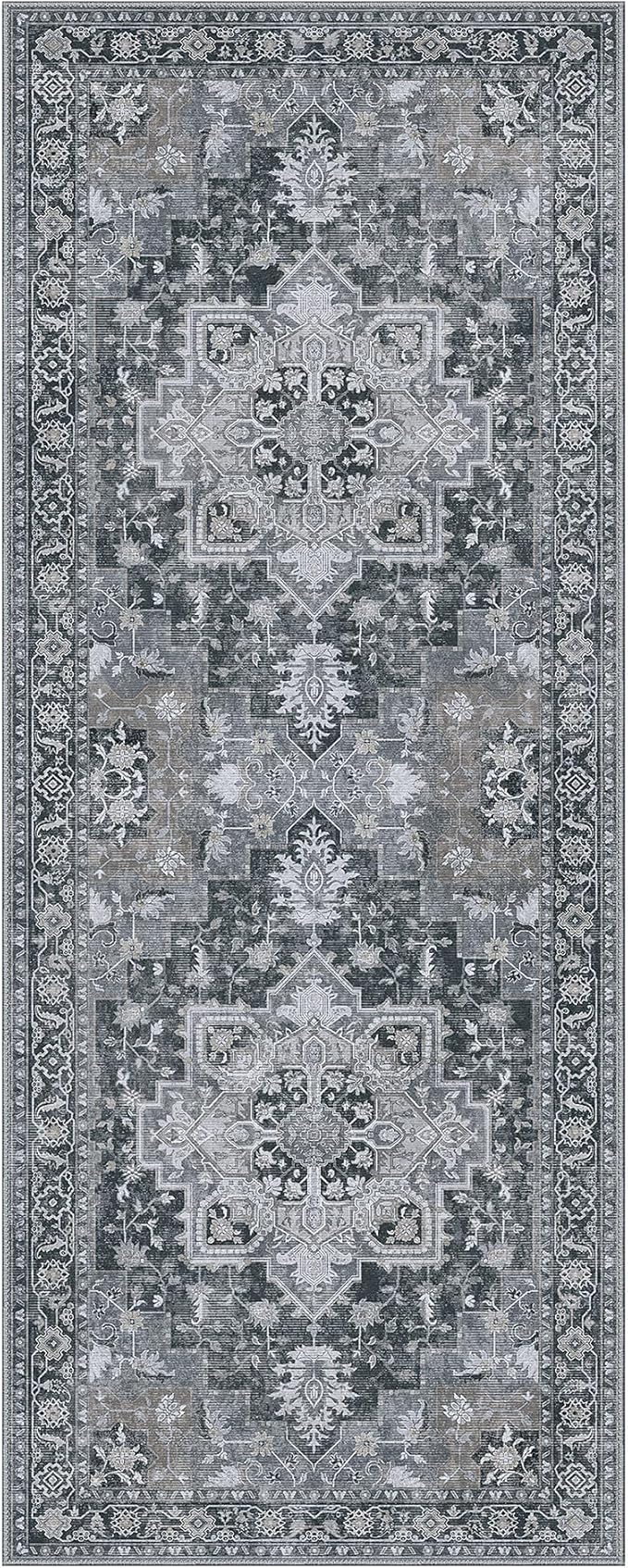 GENIMO 2x12 Runner Rugs for Hallway, Machine Washable Non Slip Vintage Rugs, Low Pile Lightweight Soft Print Rug for enrtyway, Corridor, Home Office, Kitchen,Dark Gray