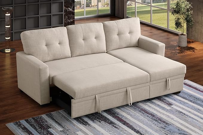 Ball & Cast Sleeper Sofa Couch with Pull Out Bed,L Shaped Sleeper Sofa with Storage,Sectional Sleeper Couch,Convertible Sleeper Sectional Sofa W/Reversible Chaise & Back Cushion,for Living Room,Office