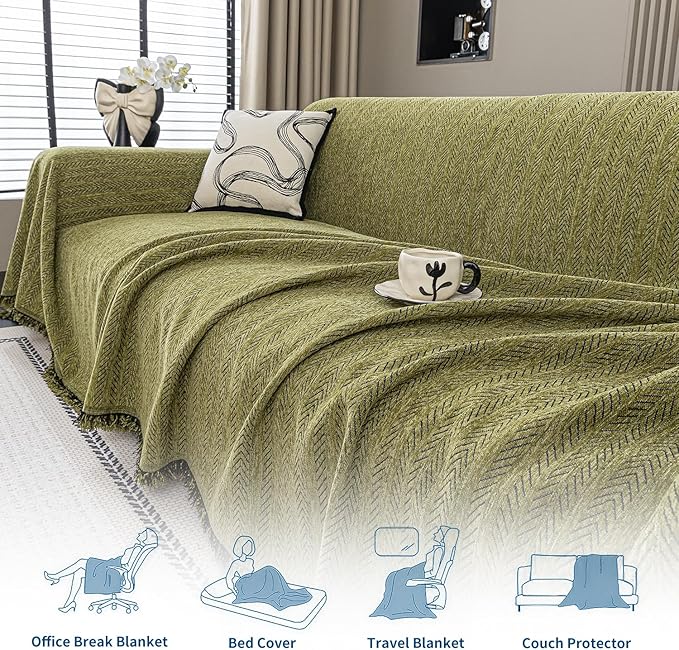 Nobildonna Sofa Cover Washable Soft Thicken Chenille Couch Cover with Tassel,Waterproof Sofa Slipcover for 3-4 Cushion Couch,Sectional Sofa,L-Shaped Furniture Protector Pet-Friendly,Green 91"x134"