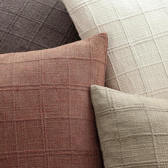 Foindtower Set of 2 Decorative Linen Check Throw Pillow Covers Neutral Farmhouse Vintage Cushion Covers Modern Boho Home Decor for Sofa Chair Couch Bedroom Living Room Outdoor,20×20 Inch,Autumnal Red