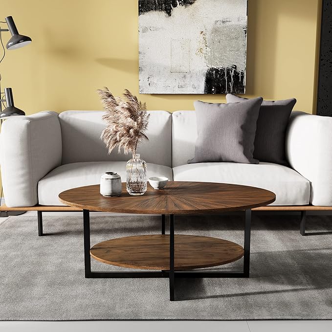 Solid Wood Oval Coffee Table with Cross Metal Legs, 43.3in Modern Industrail Center Table with Open Shelf Cocktail Tea Table for Living Room Bedroom, Rustic Brown 1811NC