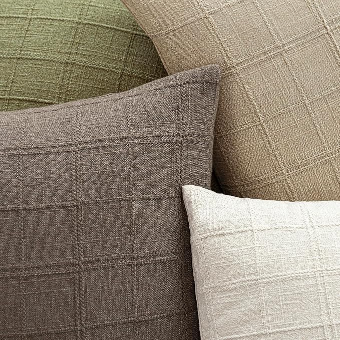 Foindtower Set of 2 Decorative Linen Check Throw Pillow Covers Neutral Farmhouse Lumbar Cushion Covers Modern Boho Home Decor for Sofa Chair Couch Bedroom Living Room Outdoor,12×20 Inch,Taupe Grey