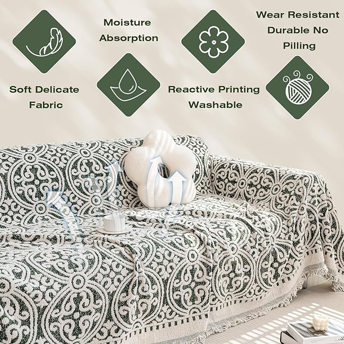 STACYPIK Green Jacquard Sofa Cover - Anti-Scratch Chenille Furniture Protector for 3 Cushion Couch - French Floral Dog Pet Cushion Protector - Futon Cover 71x150IN