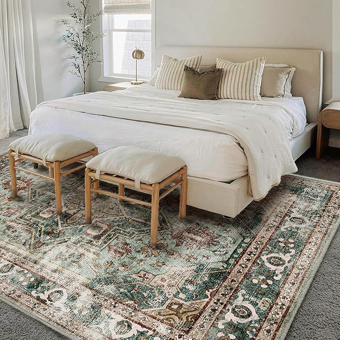 Area Rug 8'x10' Green Washable Vintage Traditional Mat Distressed Indoor Foldable Thin Retro Accent Floral Print Non Slip Carpet for Living Room Dining Room Office