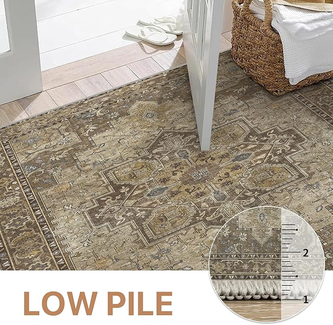 GENIMO 5x7 Area Rugs for Living Room, Machine Washable Non Slip Vintage Rugs, Low Pile Lightweight Chenille Print Rug for Bedroom, Dining Room, Home Office,Rustic Brown
