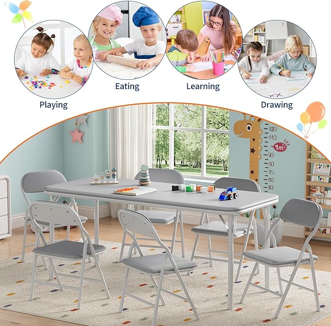 IDEALHOUSE 7 Piece Folding Kids Table and Chairs Set, Children Activity Table and Chairs Set for Dining Room,Daycare,Classrooms