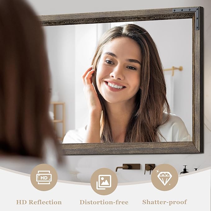YOSHOOT Farmhouse Bathroom Mirror, Rustic Wooden Framed Mirror, Wood Vanity Mirror, Solid Wood & Handmade, Vertical or Horizontal Hanging for Bathroom Entryway Living Room Bedroom, 40" x 26", Brown