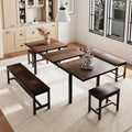 5 Pieces Dining Room Table Set for 4-6, 63' Extendable Kitchen Table Set with 2 Benches & 2 Stools, Small Dining Table Set with Metal Frame & MDF Board, Espresso