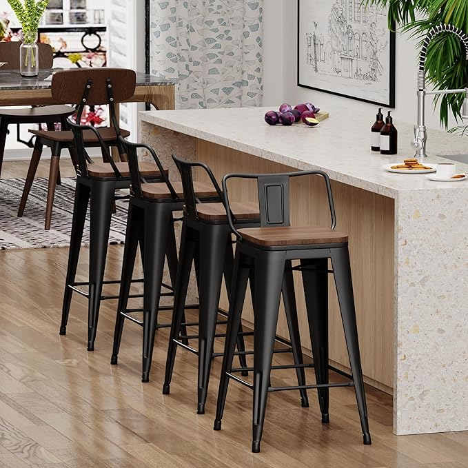 Yongchuang 26 inch Bar Stools Set of 4 Kitchen Counter Height Barstools with Wood Seat Metal Low Back Bar Chairs Matte Black