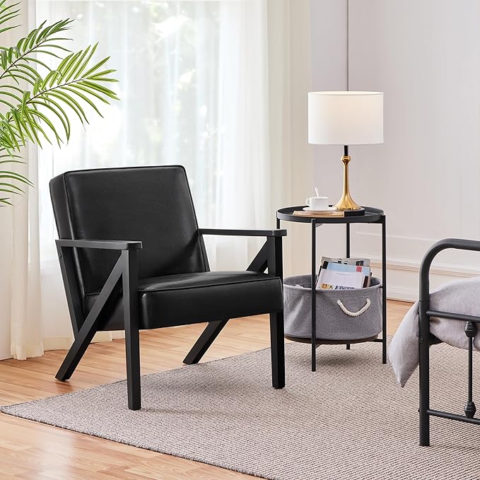 Yaheetech Accent Chair, Armchair with Strong Wood Frame, PU Leather Modern Retro Lounge Chair for Living Room/Lounge/Office/Reception Area, Black