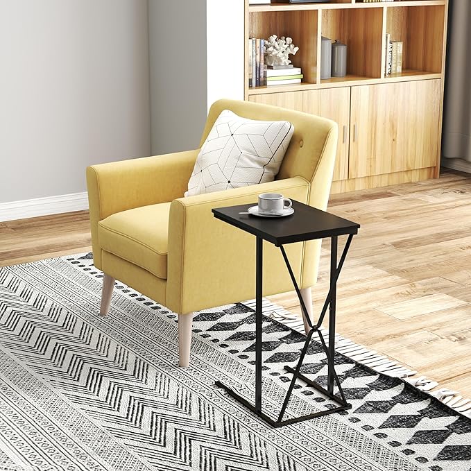 Manora TV Dinner Tray Table, C Shaped End Table for Couch, Slide Under Couch Table for Small Space, Living Room or Bedroom, Black