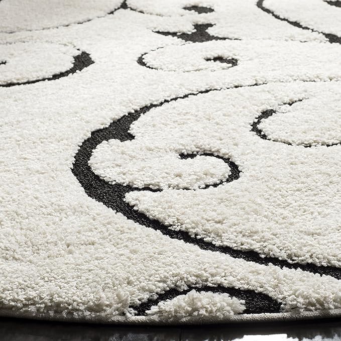 SAFAVIEH Florida Shag Collection Area Rug - 9' Round, Ivory & Black, Scroll Design, Non-Shedding & Easy Care, 1.2-inch Thick Ideal for High Traffic Areas in Living Room, Bedroom (SG455-1290)