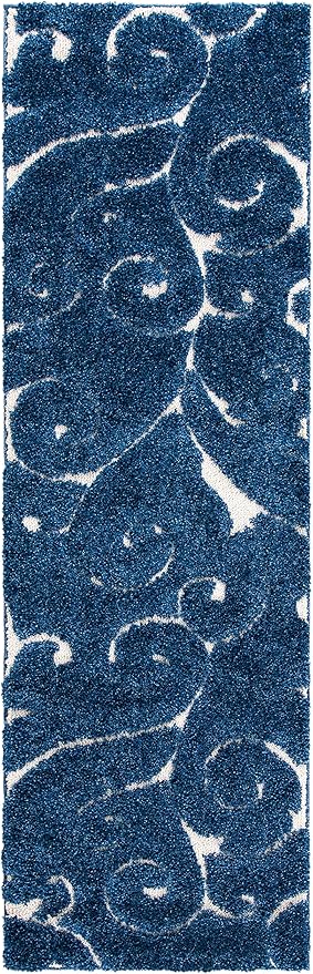 SAFAVIEH Florida Shag Collection Runner Rug - 2'3" x 15', Dark Blue & Cream, Scroll Design, Non-Shedding & Easy Care, 1.2-inch Thick Ideal for High Traffic Areas in Living Room, Bedroom (SG455-6511)