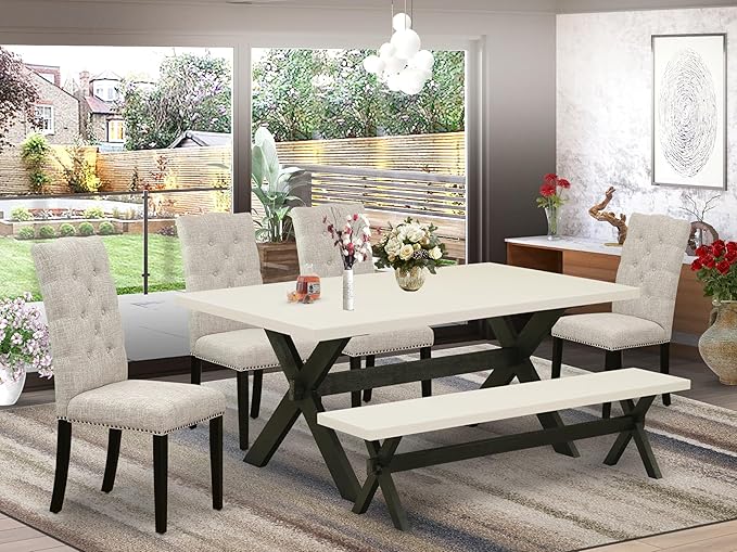 East West Furniture X627EL635-6 6 Piece Dining Table Set Contains a Rectangle Dining Room Table with X-Legs and 4 Doeskin Linen Fabric Parson Chairs with a Bench, 40x72 Inch, Multi-Color