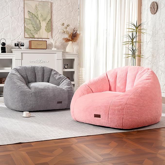 HABUTWAY Bean Bag Chair, Giant Bean Bag Chairs for Adults with Ottoman, Comfy Faux Fur Shell-Shaped Bean Bag Couch, Sofa Chair for Living Room, Bedroom, Grey