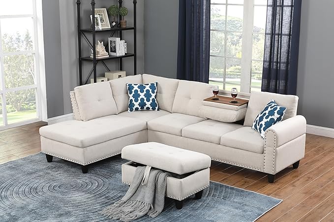 Halibur Sectional Sofa or Couch with Ottoman for Living Room, Apartment, Bedroom, Office