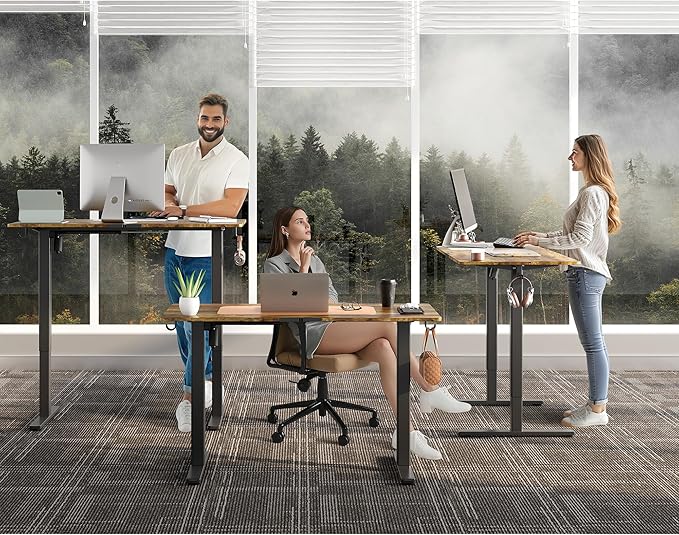 Electric Standing Desk Adjustable Height 55"x24" Stand Up Desk with Lockable Wheels Ergonomic Sit Stand Desk for for Work Office Home Computer Workstation (Rustic Brown)