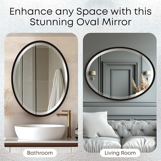 OVALCREST - Oval Wooden Beveled Wall Mirror for Home Decor, Bathroom, Vanity, Bedroom, Living Room, Hallway - London Style (Rubbed Black) 19.1 x 25.1