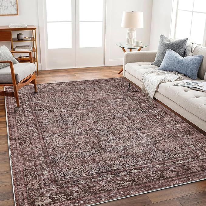 Washable Area Rug 4'x6' Traditional Floor Cover Foldable Thin Rugs Retro Kitchen Indoor Distressed Non Slip Carpet Floral Print Mat Bedroom Living Room