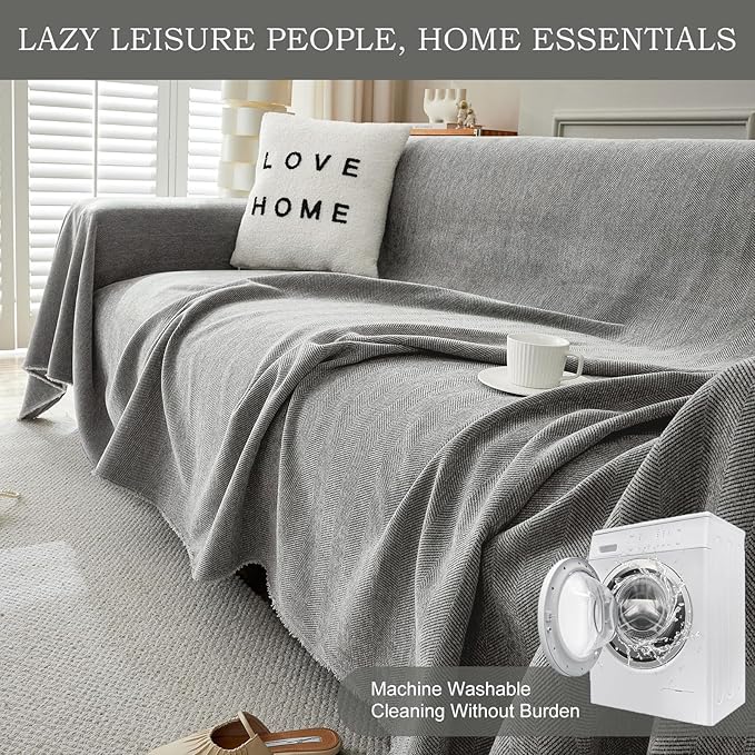 STACYPIK Soft Dark Gray Couch Cover for Pets, Herringbone Jacquard Sofa Covers for 2 Cushion Couch,Skin-Friendly Washable Sofa Covers for Loveseat, Non Slip Sectional Sofa Blanket Cover-91X118IN