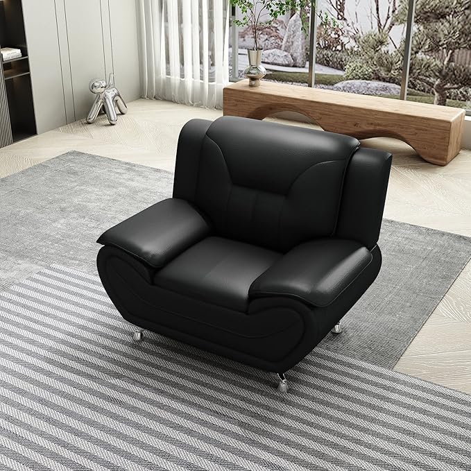 Container Furniture Direct Michael Modern Faux Leather Upholstered Stainless Steel Legs Living Room, Chair, Black