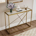 OIOG Glass Console Table for Entryway, Modern Sofa Table with Temperes Glass Tabletop and Golden Frame, Gold Entryway Table for Living Room, Foyer, Dining Room, Home Office