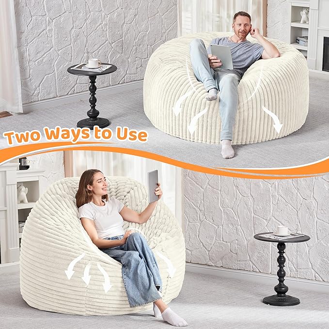 HABUTWAY 4FT Bean Bag Chair, 4' Large Bean Bag Chairs for Adults with Removable Stripe Plush Cover, Memory Foam Beanbag Chair for Living Room Bedroom Dorm (White)