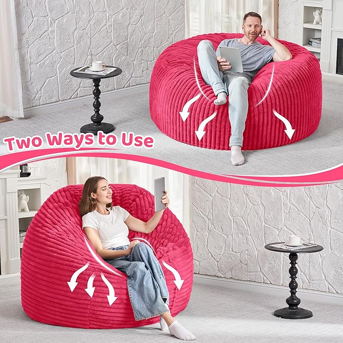 HABUTWAY 3FT Bean Bag Chair, 3' Large Bean Bag Chairs for Adults with Removable Stripe Plush Cover, Memory Foam Beanbag Chair for Living Room Bedroom Dorm (Pink)