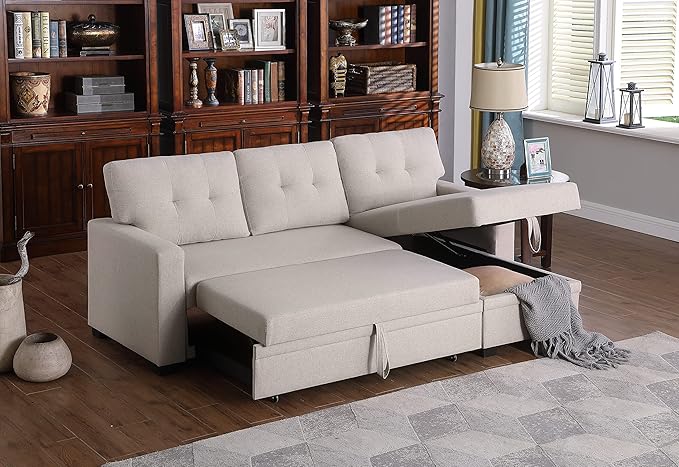 Devion Furniture Philly 4-in-1 Convertible L Shaped Couch with Pull Out Bed and Storage, Sectional Sleeper Sofa with Reversible Chaise for Living Room, Apartment, Bedroom, Office