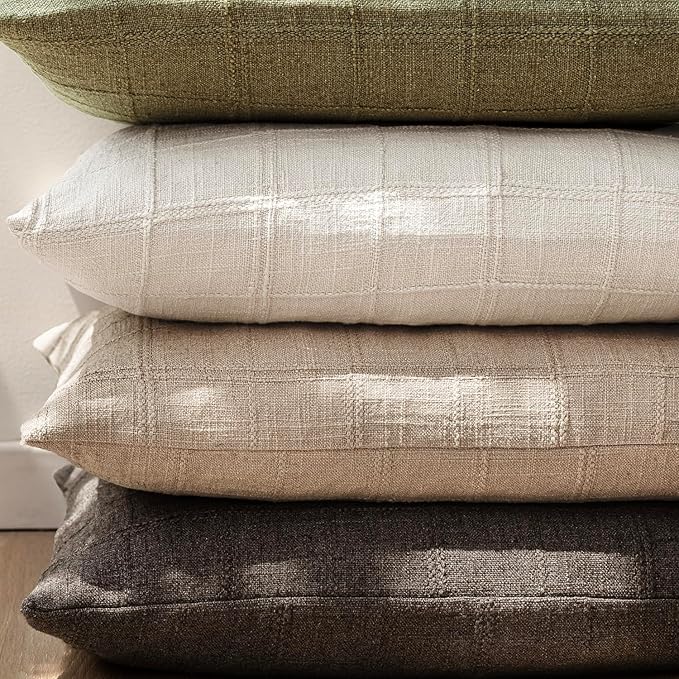 Foindtower Set of 2 Decorative Linen Check Throw Pillow Covers Neutral Farmhouse Vintage Cushion Covers Modern Coastal Boho Home Decor For Sofa Chair Couch Bedroom Living Room Outdoor,20×20 Inch,Camel