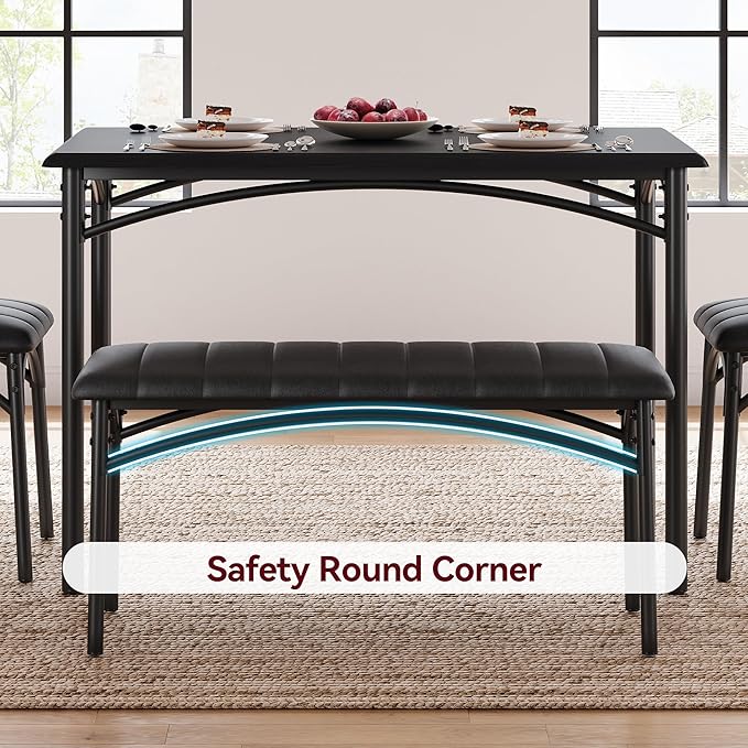 Dining Table Set for 4, Small Dining Table Set with Upholstered Bench and 2 Chairs, Kitchen Table and Chairs for 4, for Small Space, Apartment, Dinner, Rustic Black