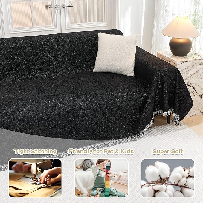 MYSKY HOME Sofa Cover - Non Slip Soft Couch Cover for Dogs, Washable Furniture Protector, 91"x134", Black