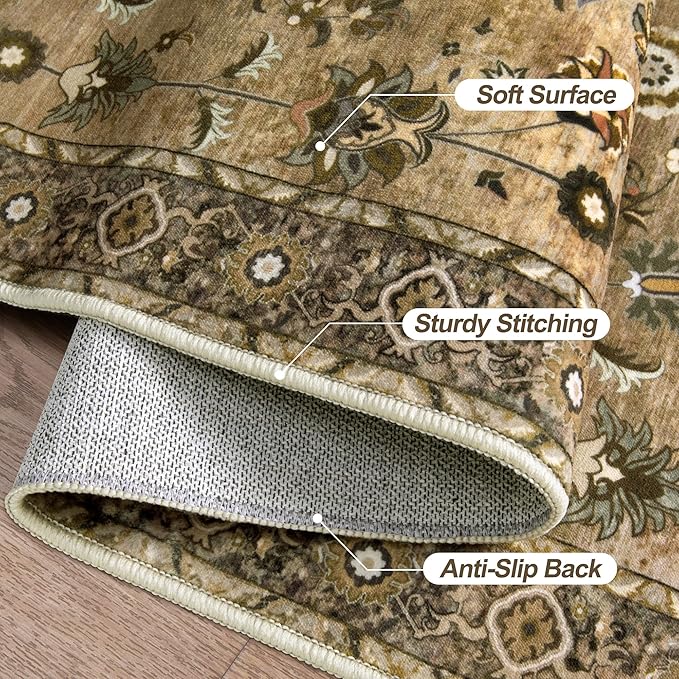 Tangsoo 4x6 Floral Vintage Rug for Living Room, Washable Vintage Area Rug Indoor, Non Slip Brown Rug for Dining Room, Soft Low Pile Rugs, Print Foldable Carpet for Dorm Living Room Bedroom