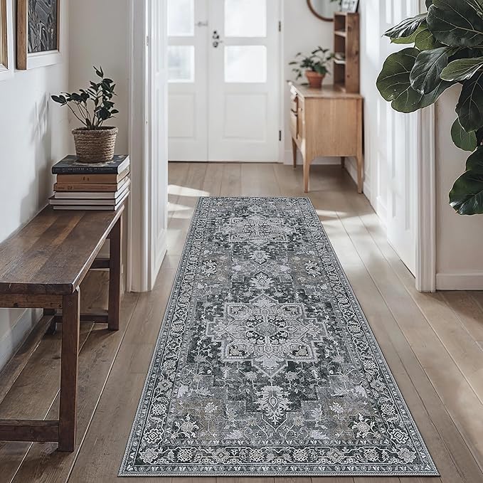 GENIMO 2x12 Runner Rugs for Hallway, Machine Washable Non Slip Vintage Rugs, Low Pile Lightweight Soft Print Rug for enrtyway, Corridor, Home Office, Kitchen,Dark Gray