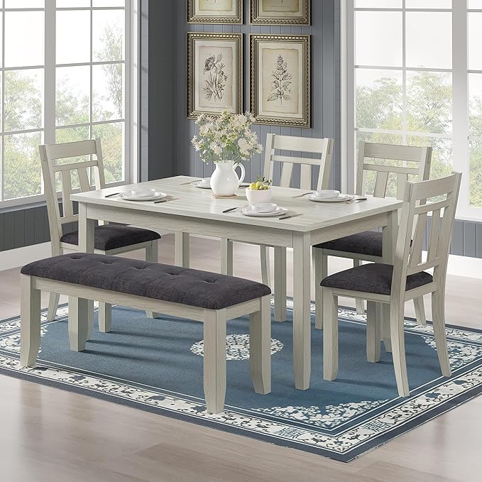 6-Piece Solid Wood Dining Table Set for 6, Modern Breakfast Dinette Kitchen Table with Bench & Chairs for Dining Room, Kitchen, Grey