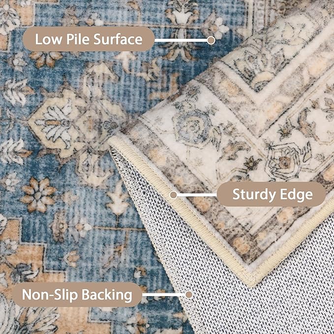 GENIMO 8x10 Area Rugs for Living Room, Machine Washable Non Slip Vintage Retro Rugs, Low Pile Lightweight Chenille Print Rug for Bedroom, Dining Room, Home Office, Blue Brown