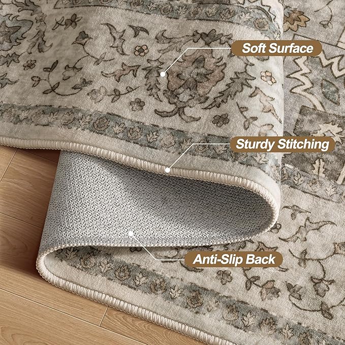 Tangsoo 6x9 Area Rug Washable Rug for Living Room, Vintage Indoor Non Slip Large Area Rugs, Print Distressed Brown Carpet, Soft Low Pile Foldable Floor Rug for Bedroom Dining Room