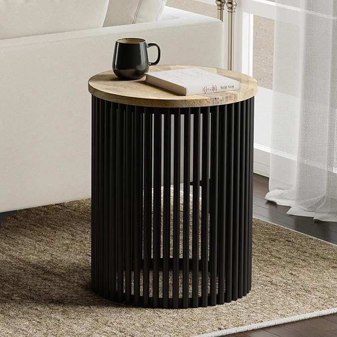 SIMPLIHOME Demy 20 inch Wide Tall Side Table in Natural Solid Mango Wood/Black Metal, Slim Round Accent Table for Living Room, Bedroom, or Entryway, Industrial Style Assembled
