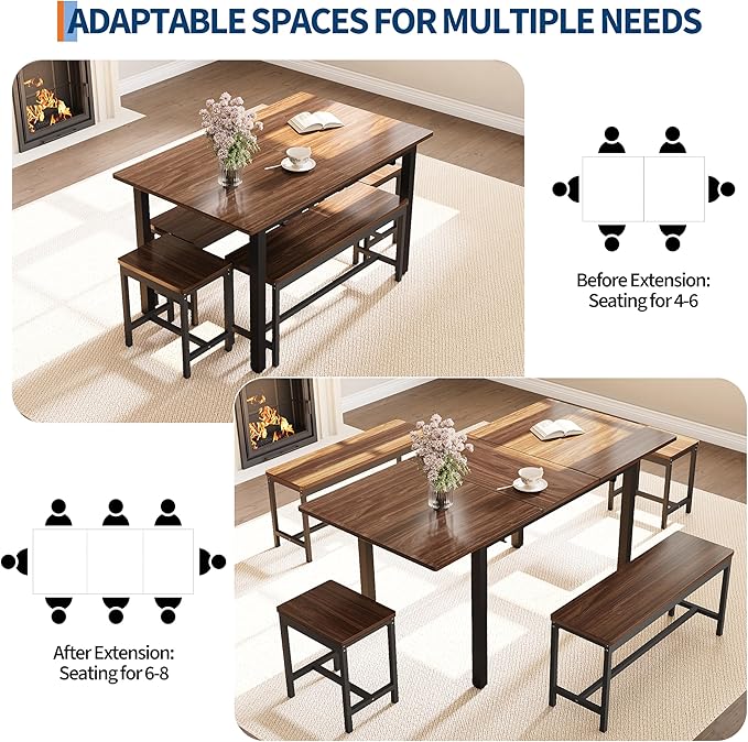 GarveeHome 5-Piece Dining Table Set for 4-8 People, 63" Large Extendable Kitchen Table Set with 2 Benches and 2 Square Stools, Modern Dining Room Furniture Sets, Easy Assembly, Espresso