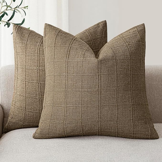 Foindtower Set of 2 Decorative Linen Check Throw Pillow Covers Neutral Farmhouse Vintage Cushion Covers Modern Boho Home Decor for Sofa Chair Couch Bedroom Living Room Outdoor,16×16 Inch,Light Brown
