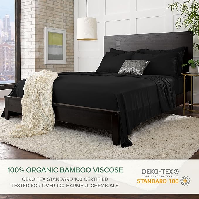 Full Sheets by Pure Bamboo, Genuine 100% Organic Viscose Derived from Bamboo Bed Sheet Set, Luxuriously Soft & Cooling, Double Stitching, Lifetime Quality Promise (Full, Black)